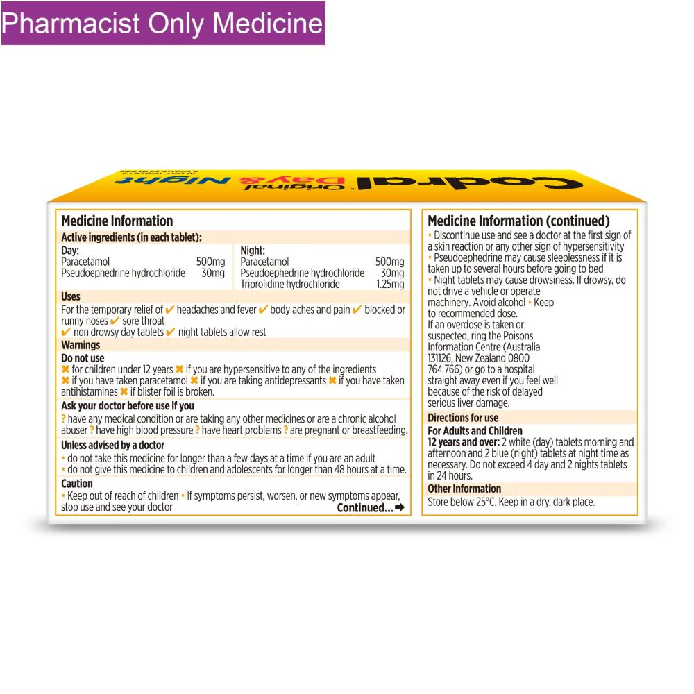 Codral Day & Night NZ PSE C3 24pk - PHARMACIST ONLY MEDICINE - Image 3
