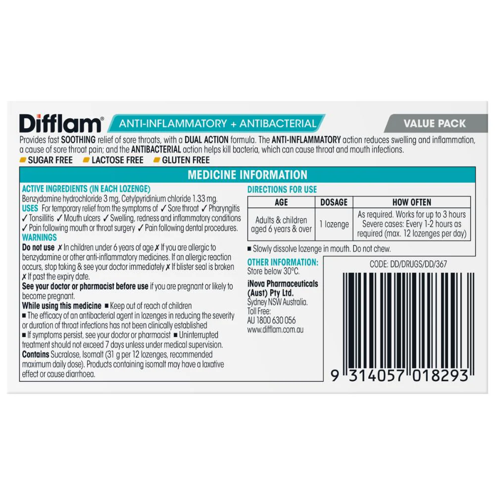 Difflam Anti-Inflammatory + Antibacterial Sore Throat Dual Action Honey Lemon Lozenges 32s - Image 11