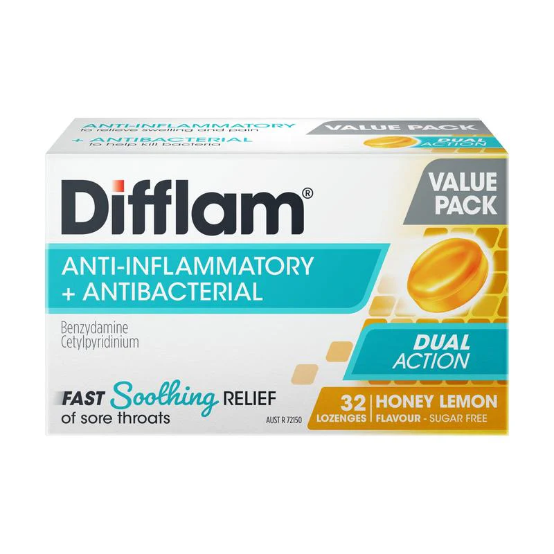 Difflam Anti-Inflammatory + Antibacterial Sore Throat Dual Action Honey Lemon Lozenges 32s - Image 3