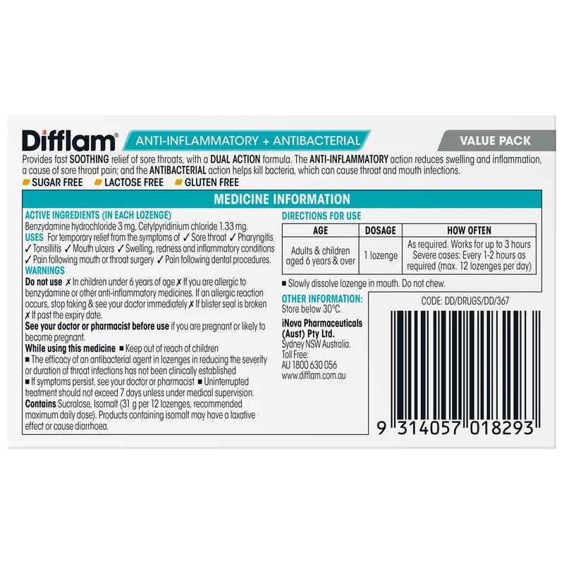Difflam Anti-Inflammatory + Antibacterial Sore Throat Dual Action Honey Lemon Lozenges 32s - Image 6