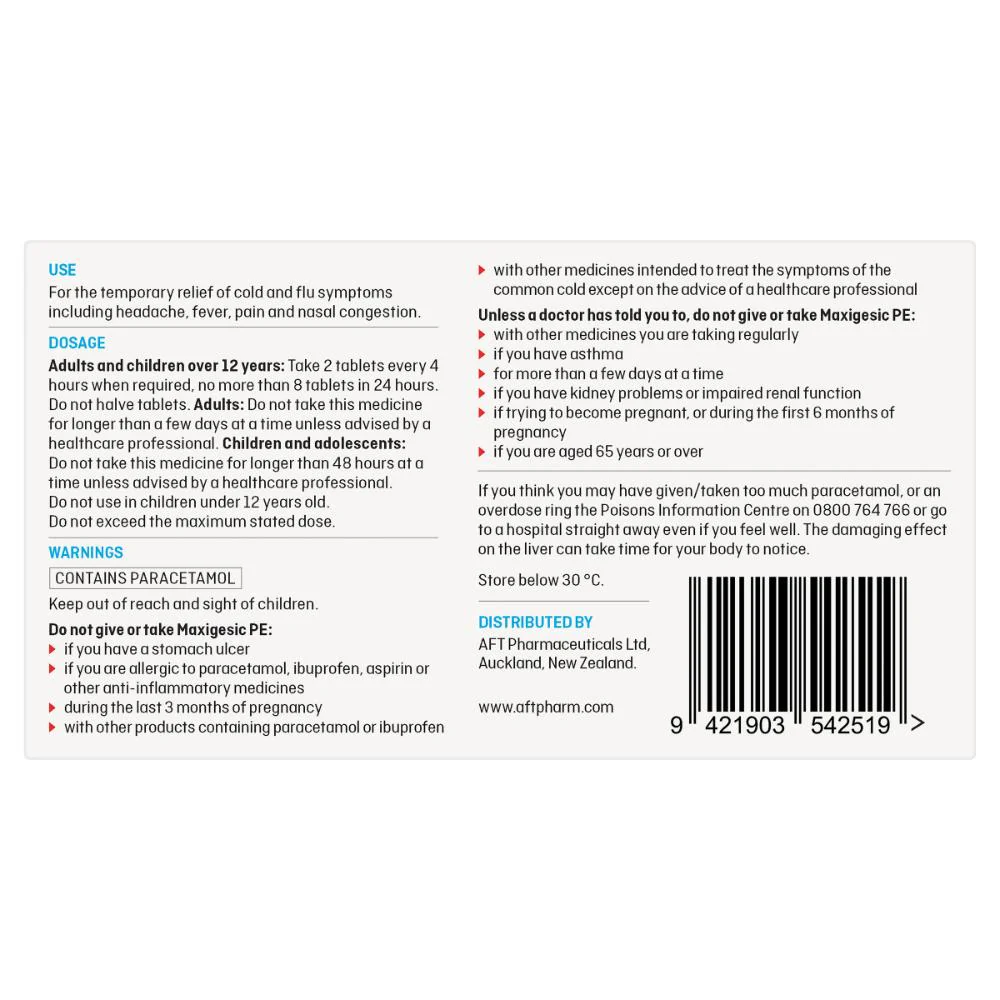 Maxigesic PE Cold Flu & Sinus Relief Tablets 30s - Image 5