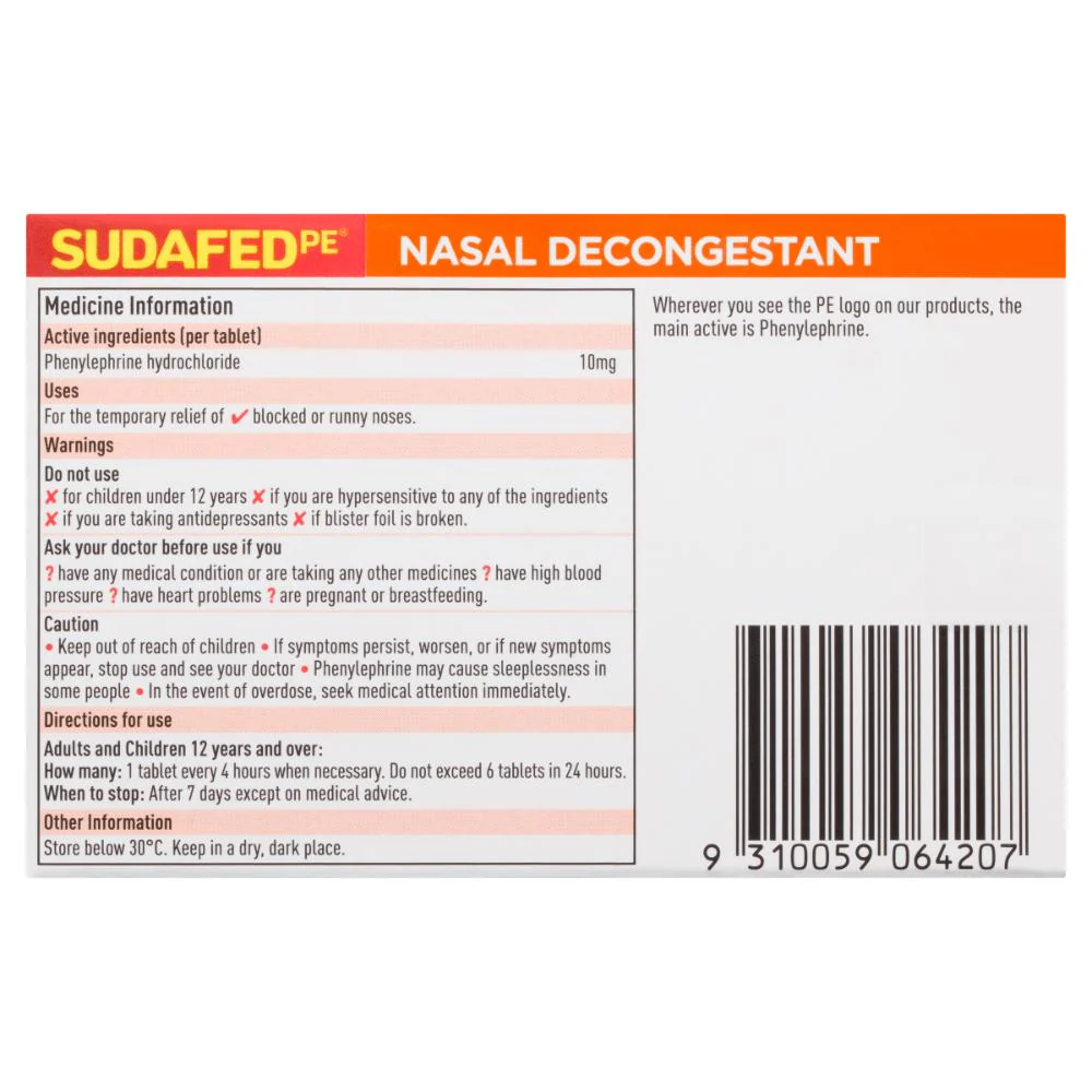 Sudafed PE Nasal Decongestant Tabletss 24 10mg - Image 3